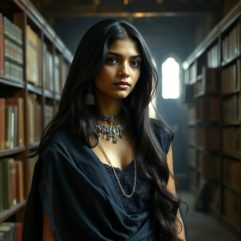 Ethereal Woman in Ancient Library, Pre-Raphaelite Style