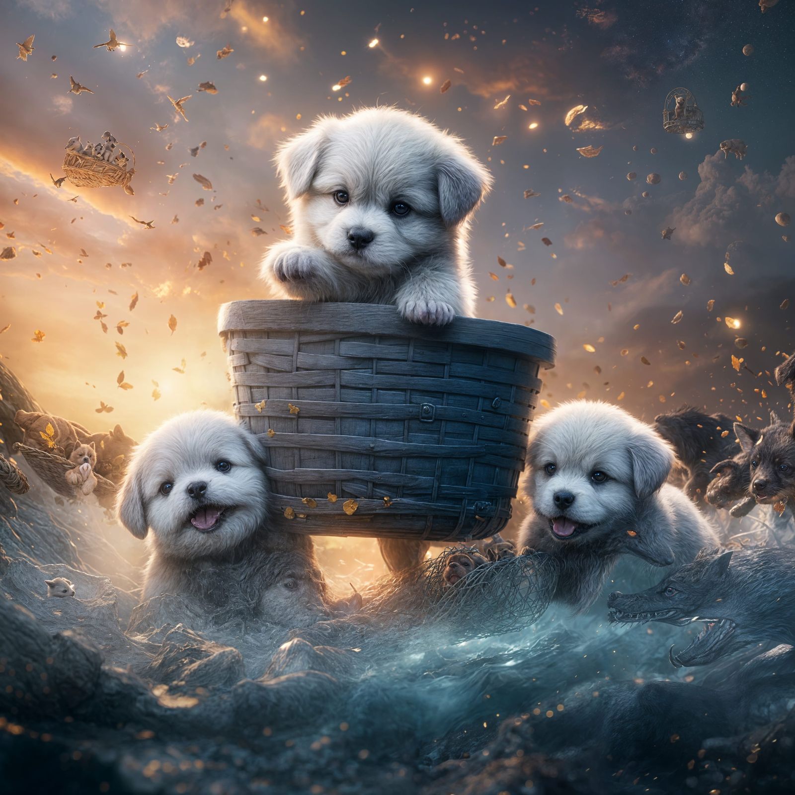 Adorable Puppies Wrestling in a Basket