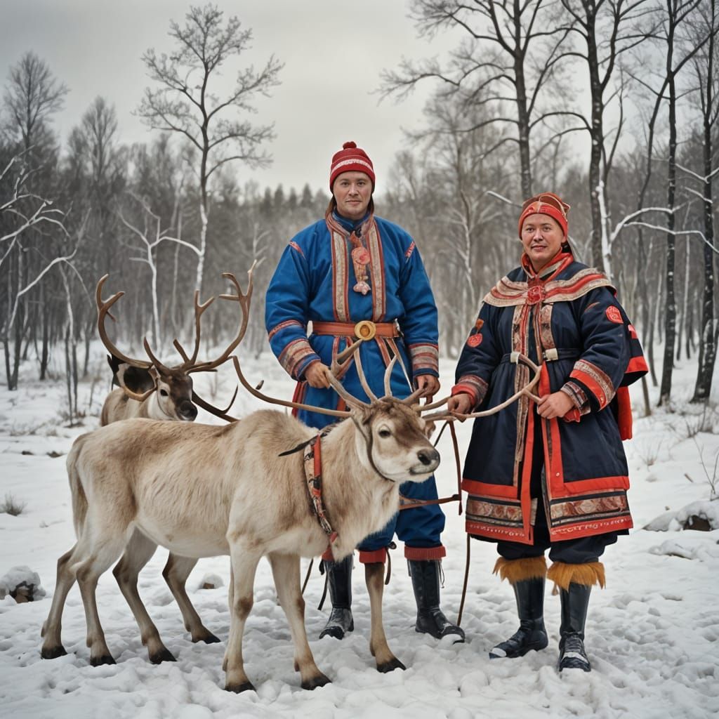 Sámi Couple with Reindeer in Snowy Sweden