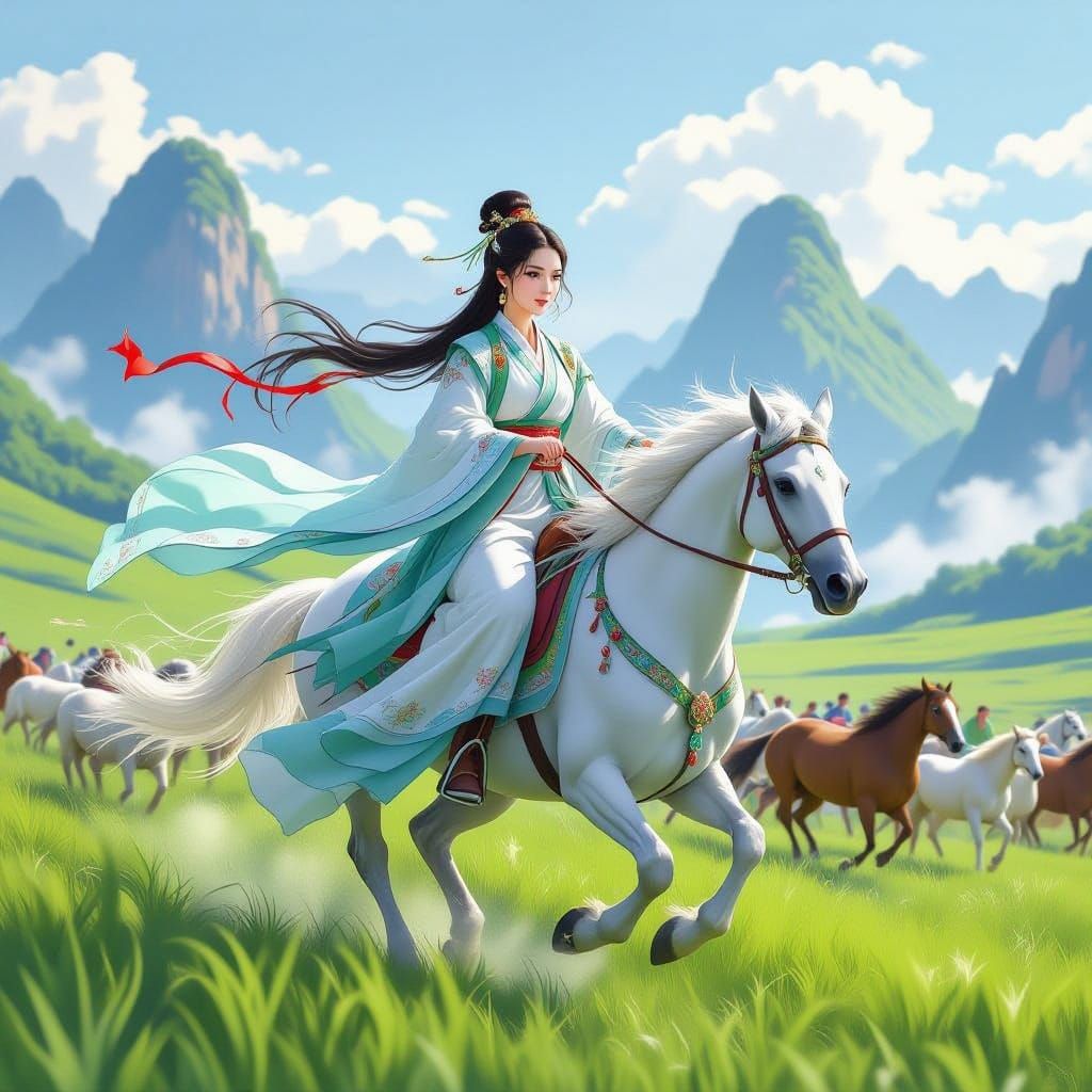 Ancient Chinese Woman Rides Horse on Grassy Plains