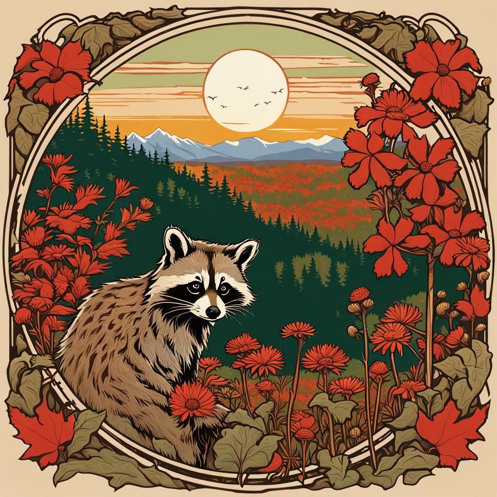 Raccoon and Chickadee Woodcut in Mucha Style