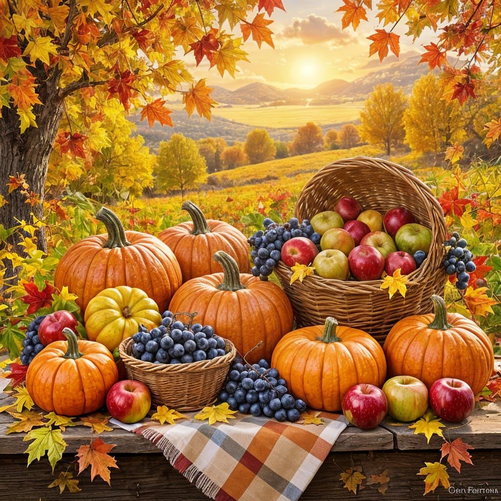 Vibrant Oil Painting of a Bountiful Autumn Harvest Table