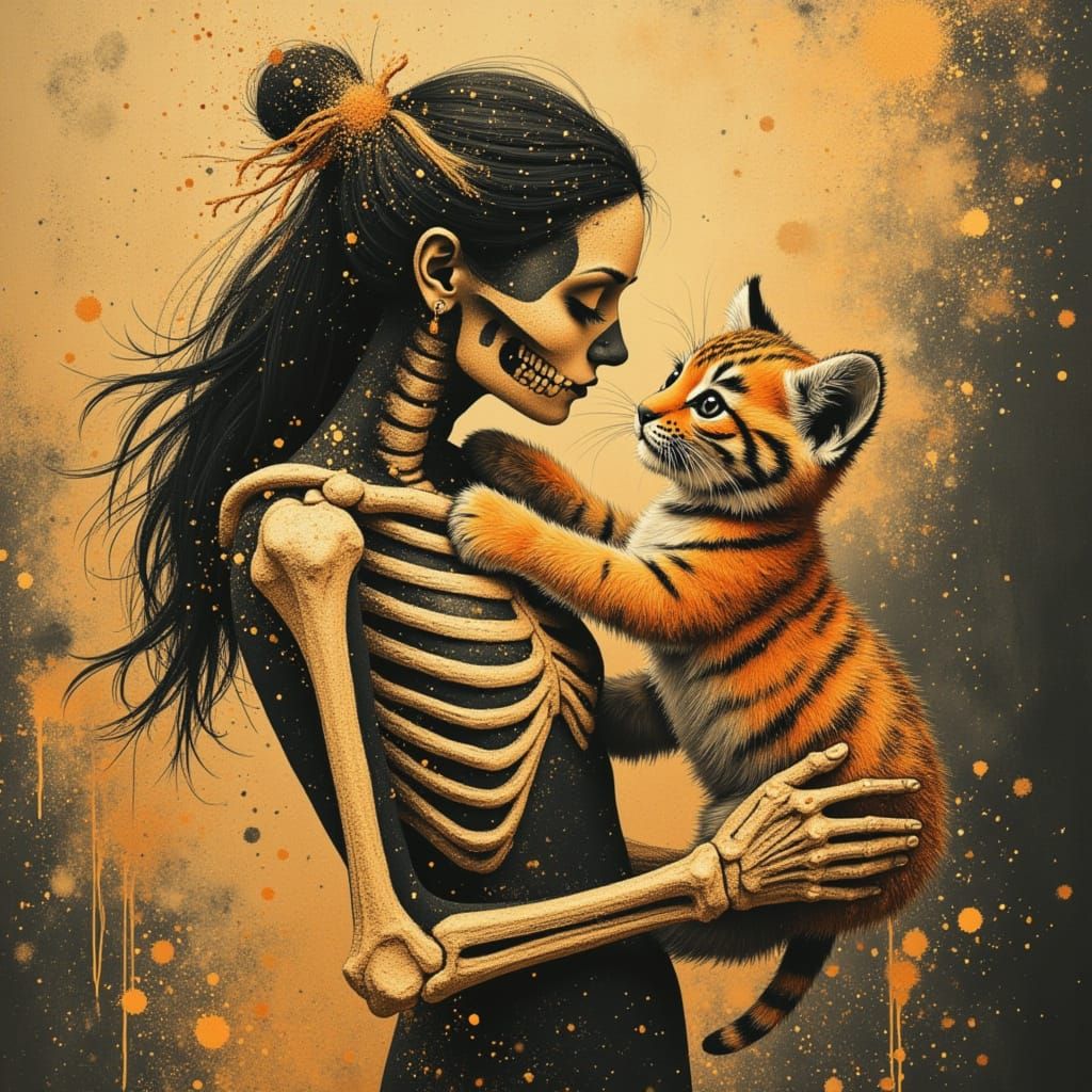 Wholesome Indian Skeleton Woman Hugs Tiger Cub