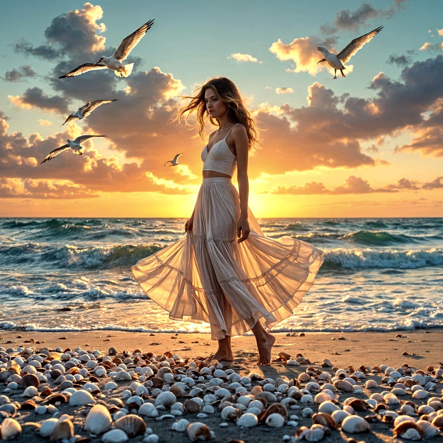 Woman on Beach at Sunset in Whimsical Style