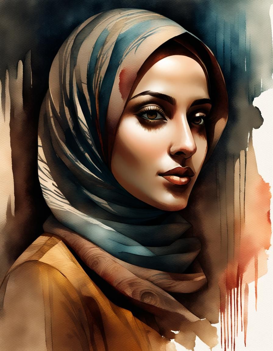 Shadowy Hijabi Portrait in Storybook Illustration Style