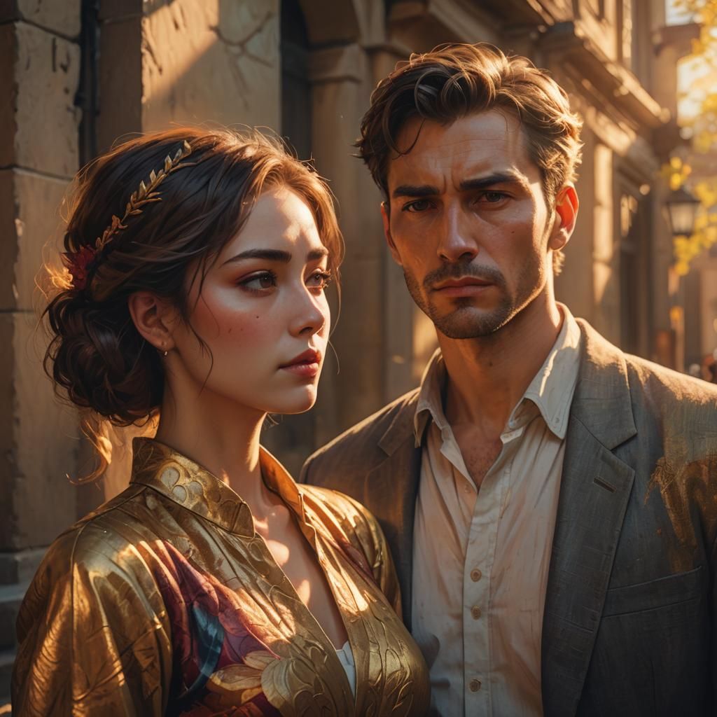 Handsome Man and Bewildered Woman in Realistic Anime Style