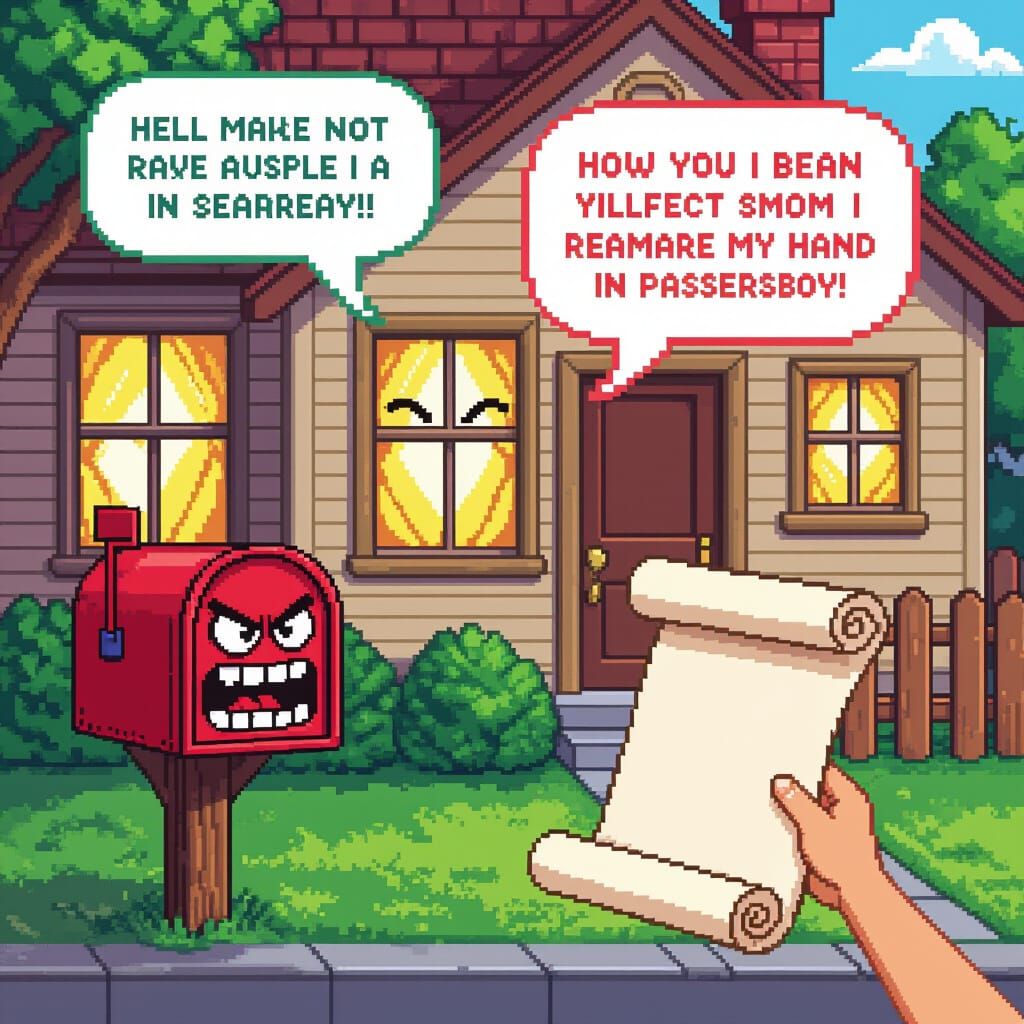 Grouchy Mailbox Scolds Passersby in Pixel Art Style