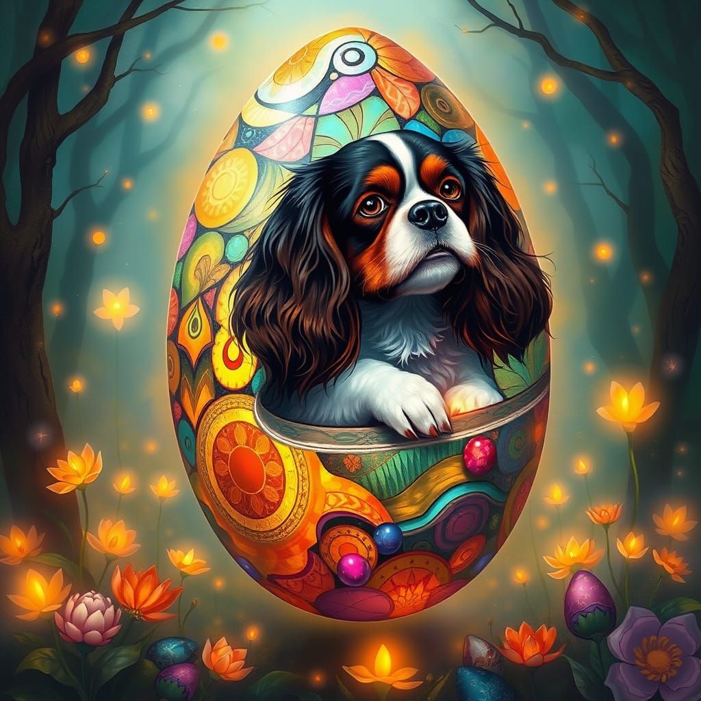 Cavalier King Charles Spaniel Guardian of Iridescent Easter ...
