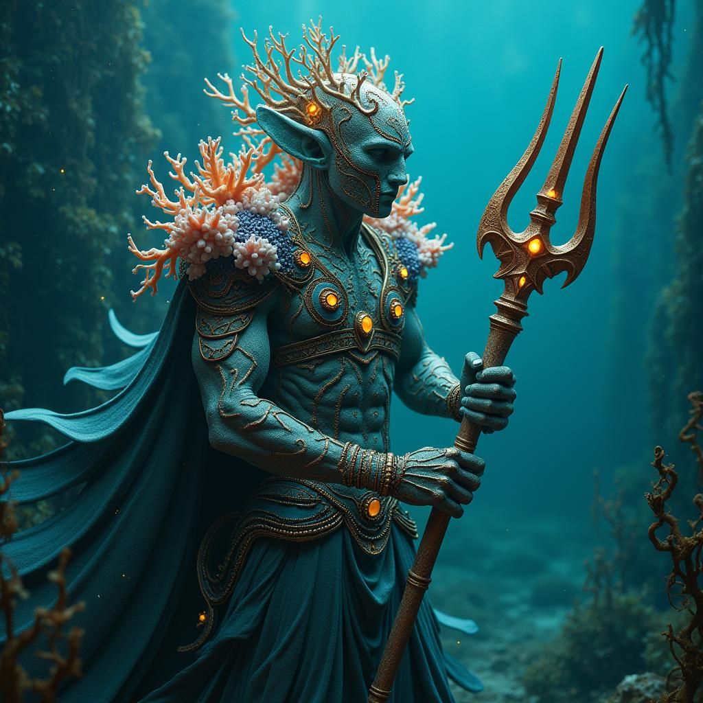 Heroic Armored Figure with Trident in Bioluminescent Ocean