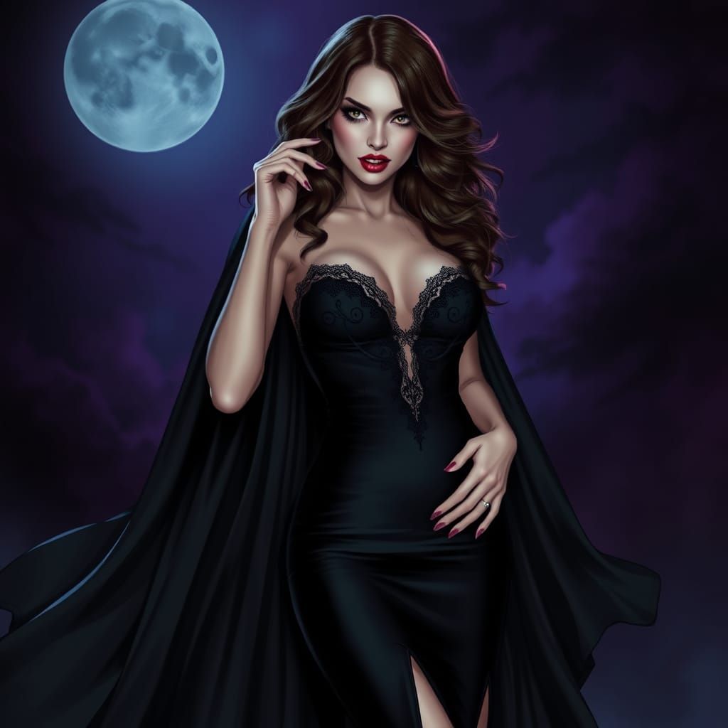 Sultry Vampire in Gothic Gown, Dark Fantasy Art