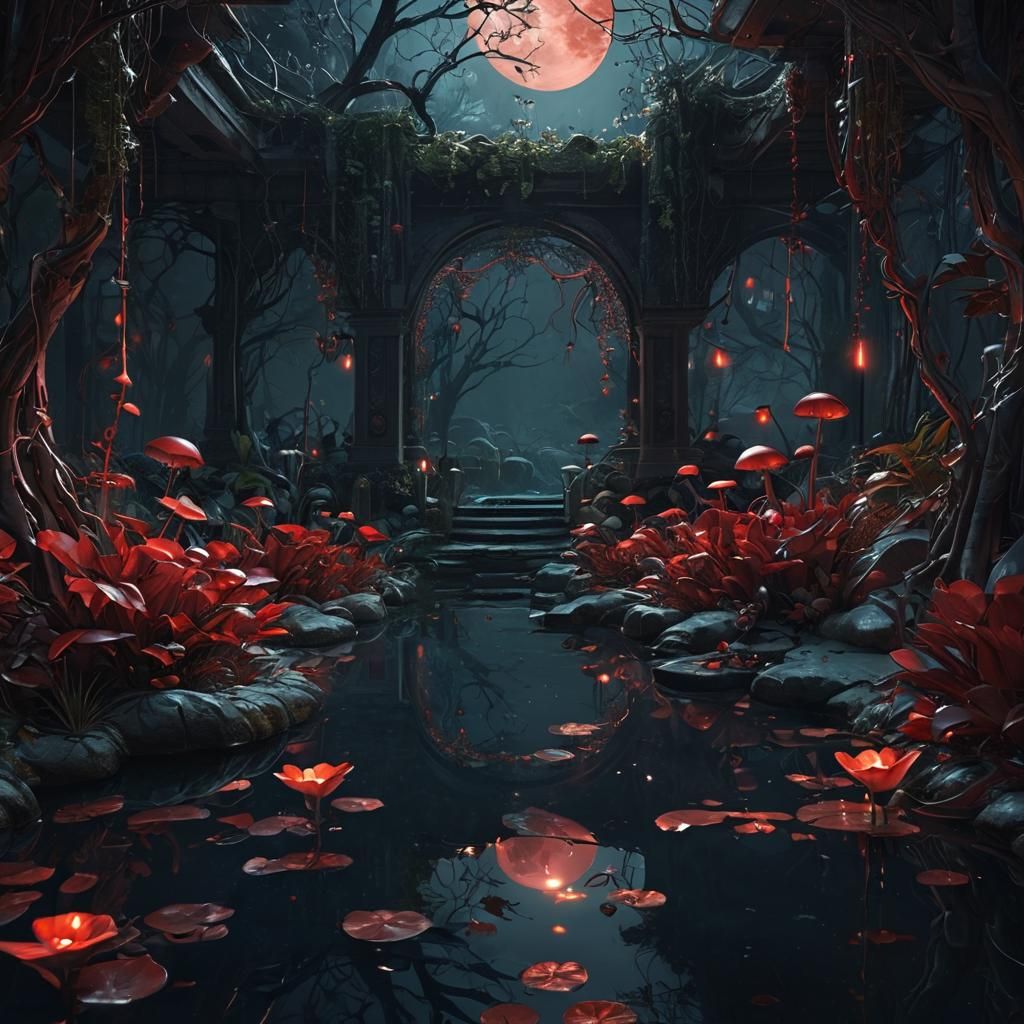 Eerie Elven Garden Under Red Moon: Dark Fantasy Art