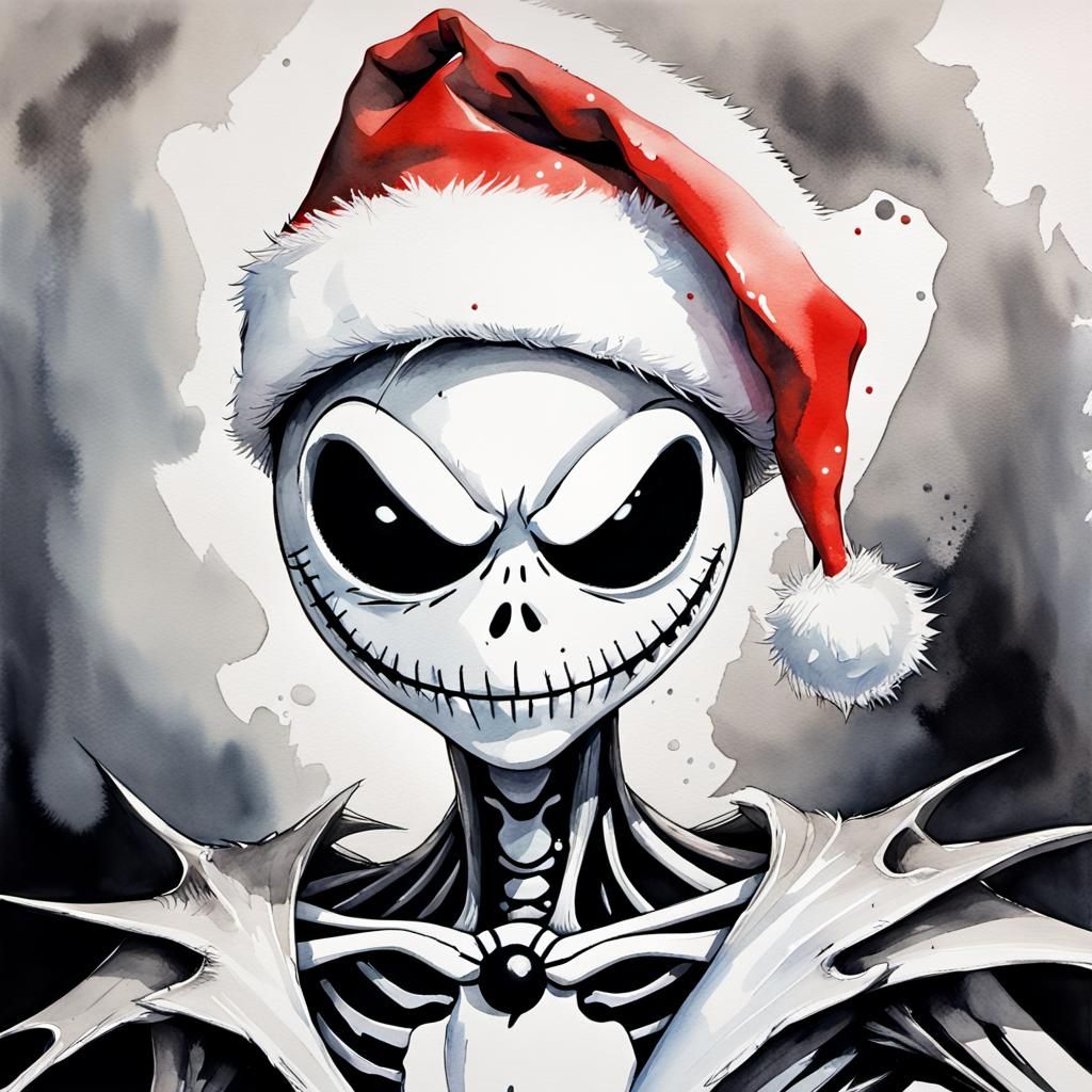 Jack Skellington in Santa Hat, Ghibli-Style Portrait