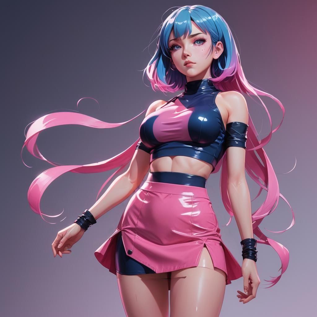 Neon Anime Woman in Latex Outfit, Cel-Shaded Style