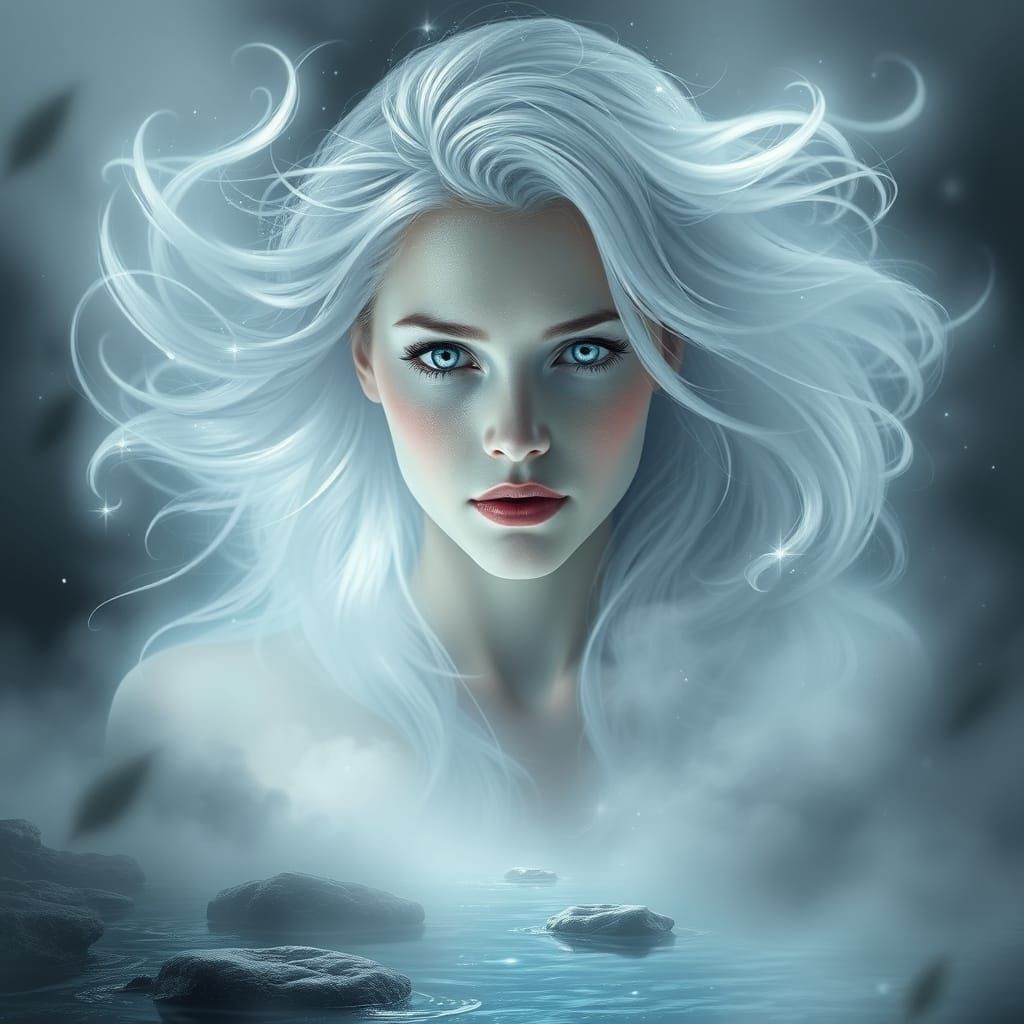 Ethereal Water Goddess Emerging from Silver Mist