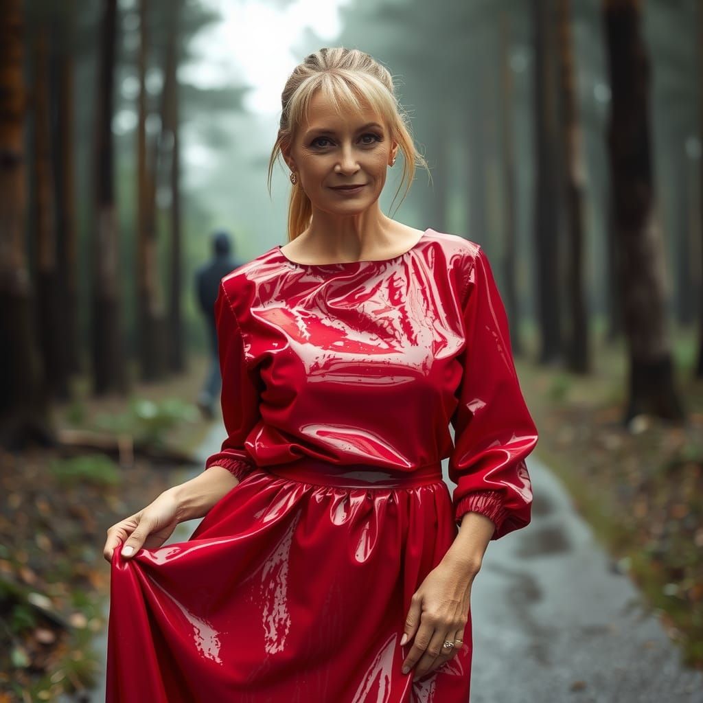 Blonde Woman in Red Dress in Rainy Forest