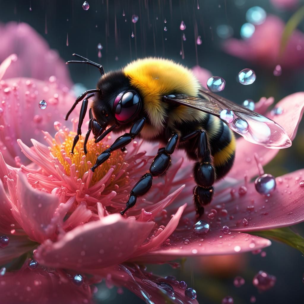 Bumble Bee on Glass Flower: Detailed Matte Painting