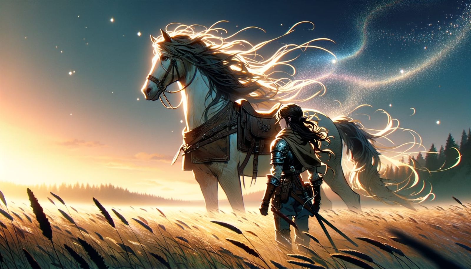 Anime Centaur in Windswept Meadow at Dawn