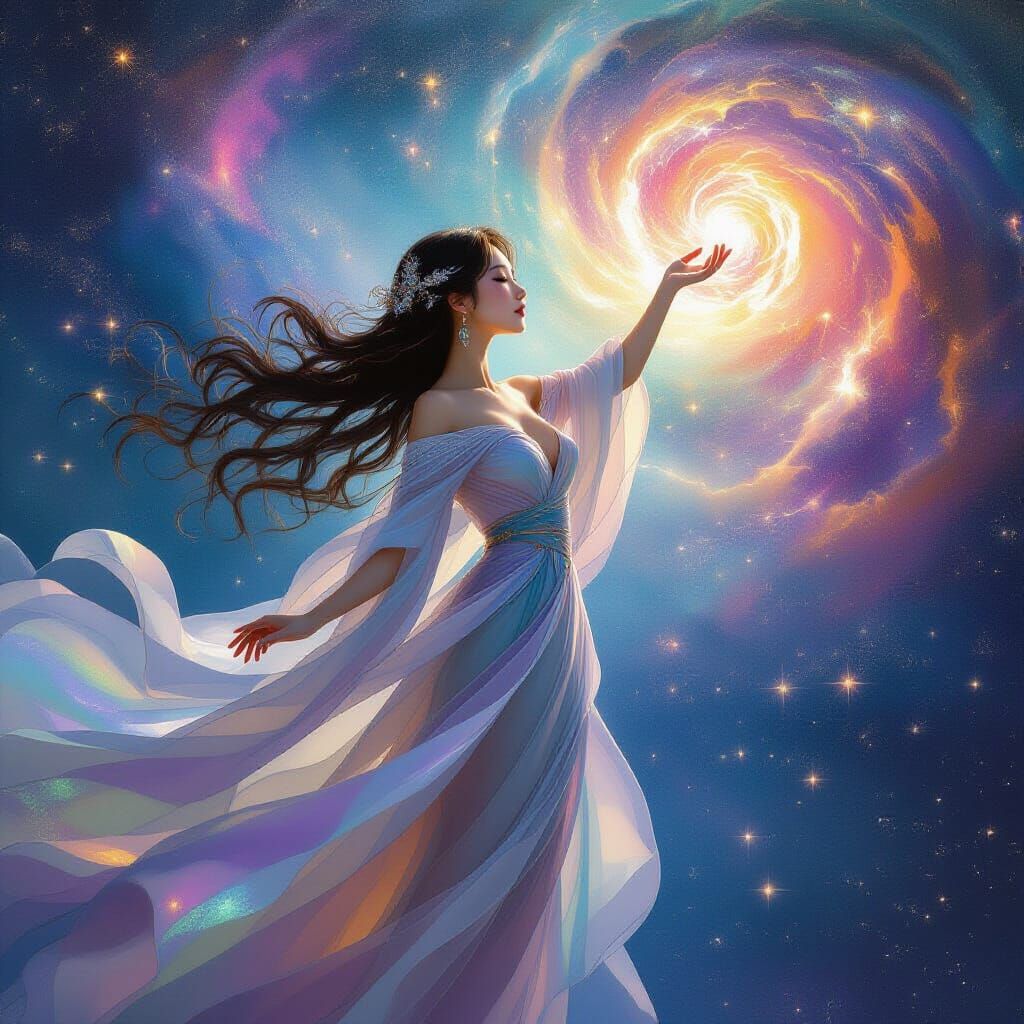 Asian Woman Reaches for Celestial Nebula in Painterly Realis...