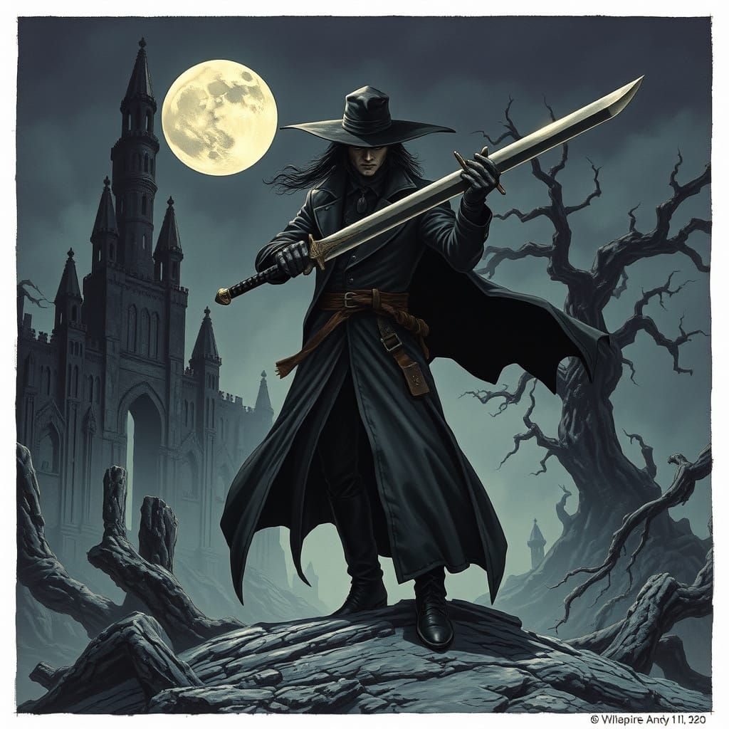 Mysterious Vampire Hunter Stands Vigilant in Gothic Ruins