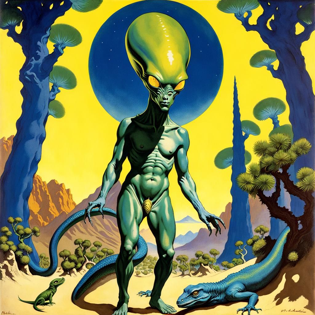 Alien General on Desert Planet in Classic Illustration Style