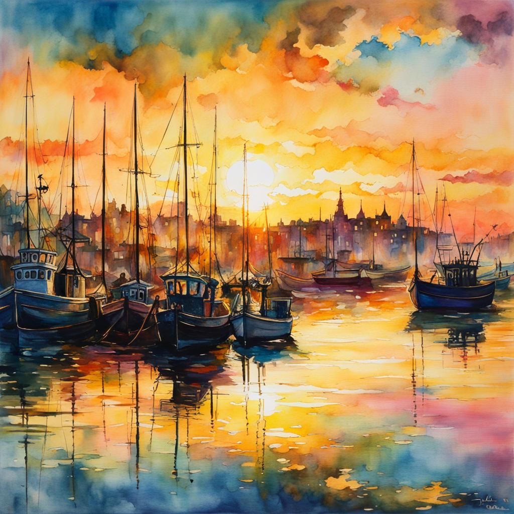 Golden Hour Fishing Port in Fantasycore Watercolor