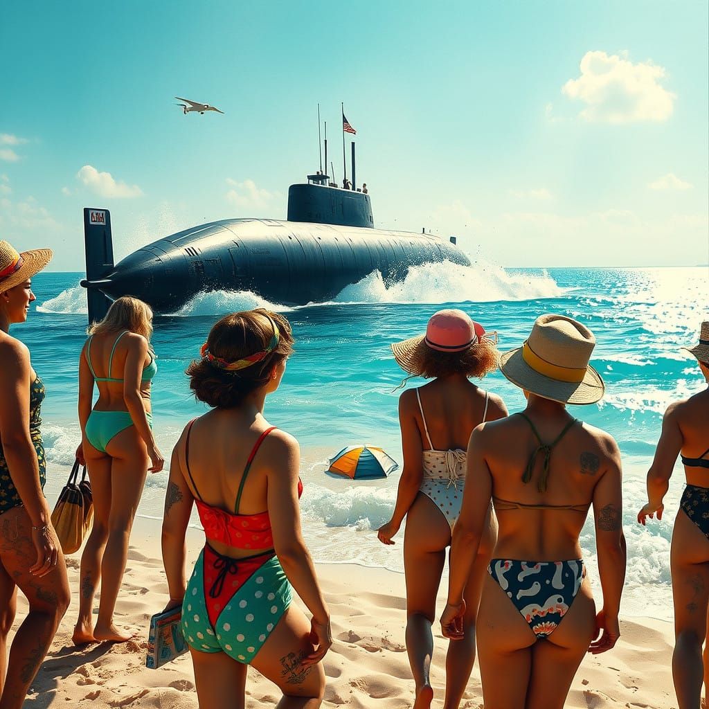 Vibrant Beachgoers Witness a Submarine Emerge in a Dynamic S...