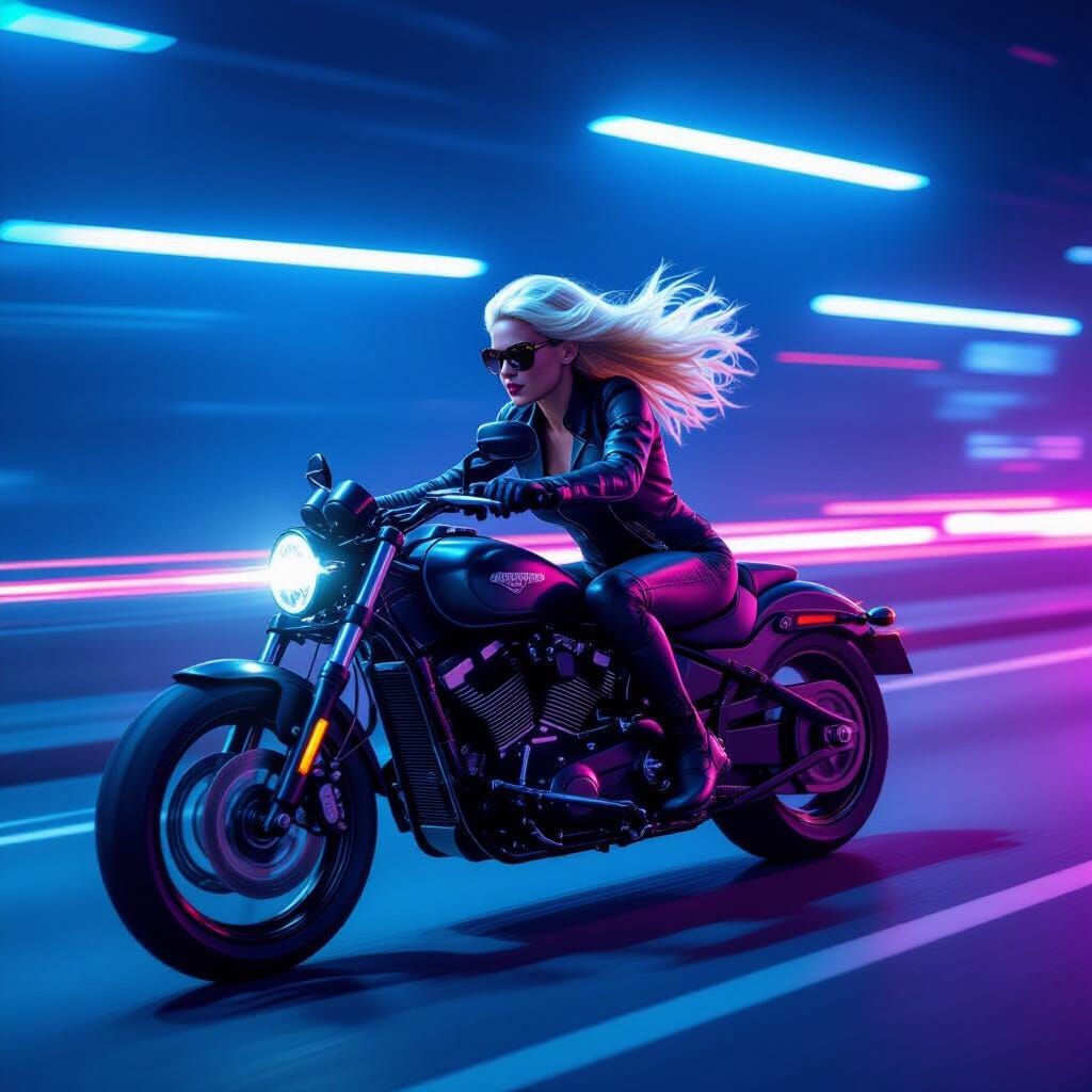 Alin Speeds Down Neon Highway on Motorcycle