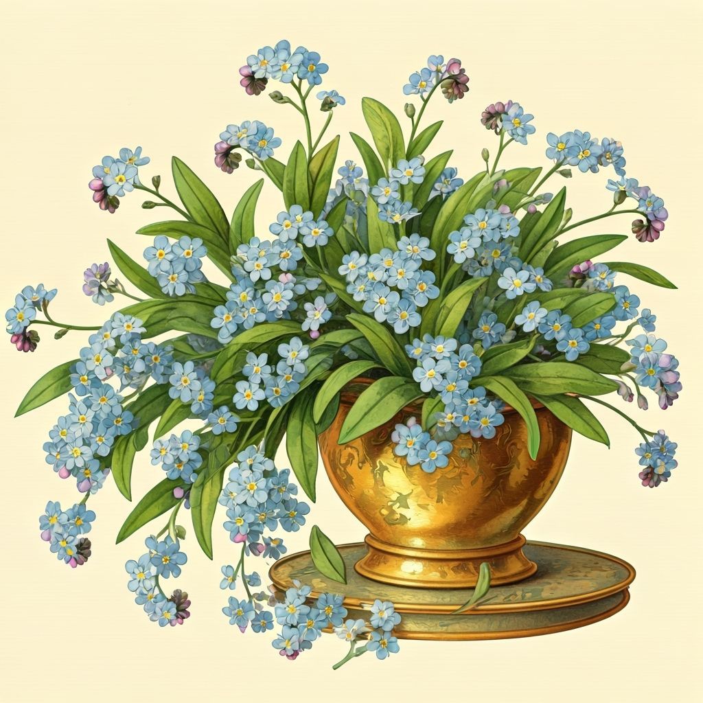 Forget-Me-Nots Overflowing from Golden Pot, Art Nouveau Styl...