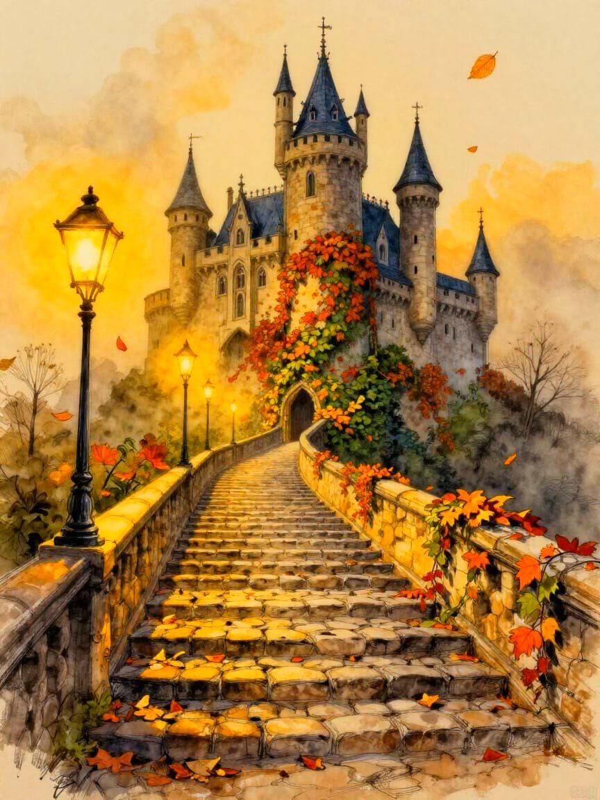 Gothic Castle Staircase in Golden Autumn Mist
