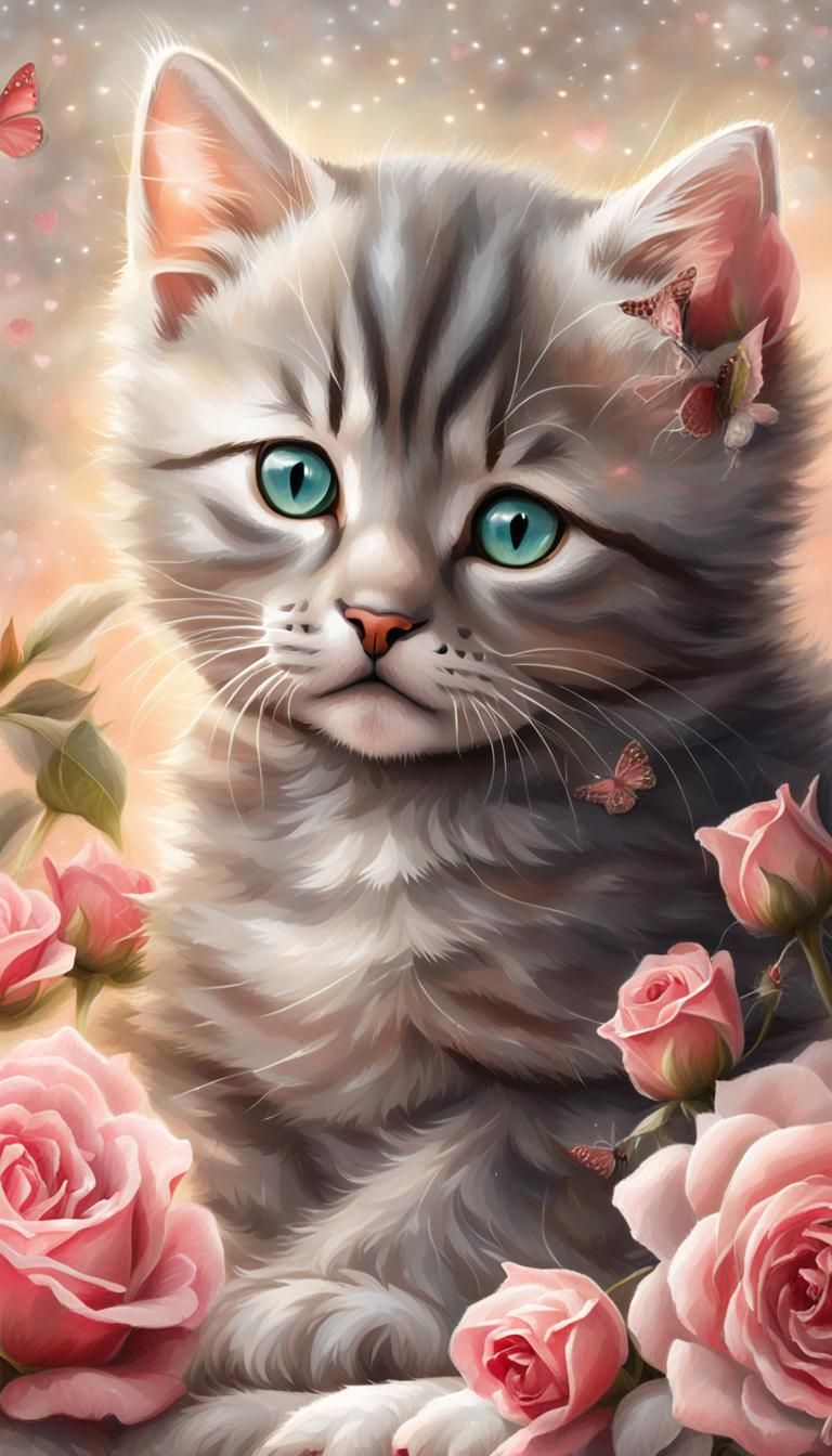 Hyperrealistic Tabby Kitten with Roses and Heart Lights