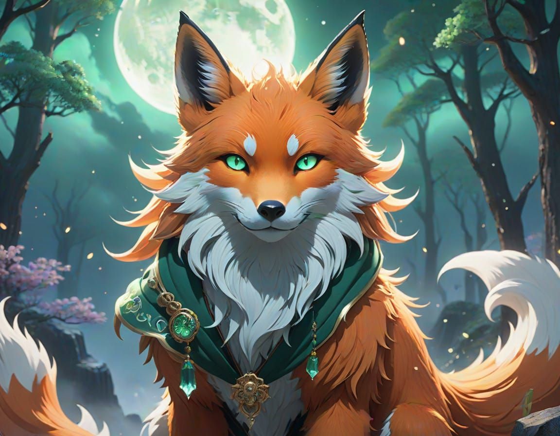 Mystical Nine-Tailed Fox in Moonlit Fantasy Realm