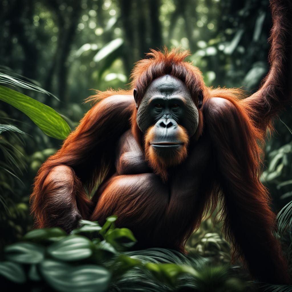 Hyperrealistic Orangutan in Jungle Scene