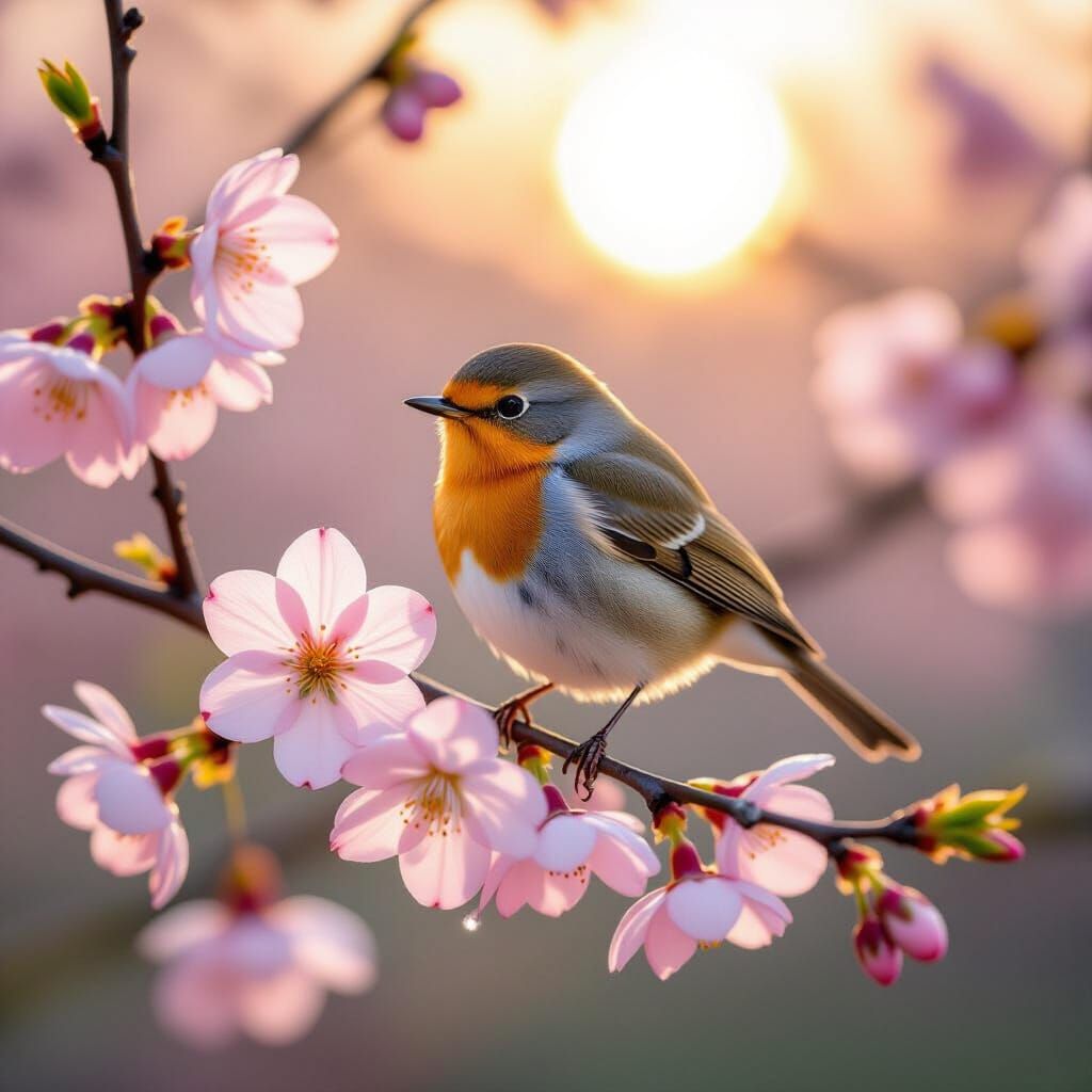 Robin on Cherry Blossom in Golden Morning Light