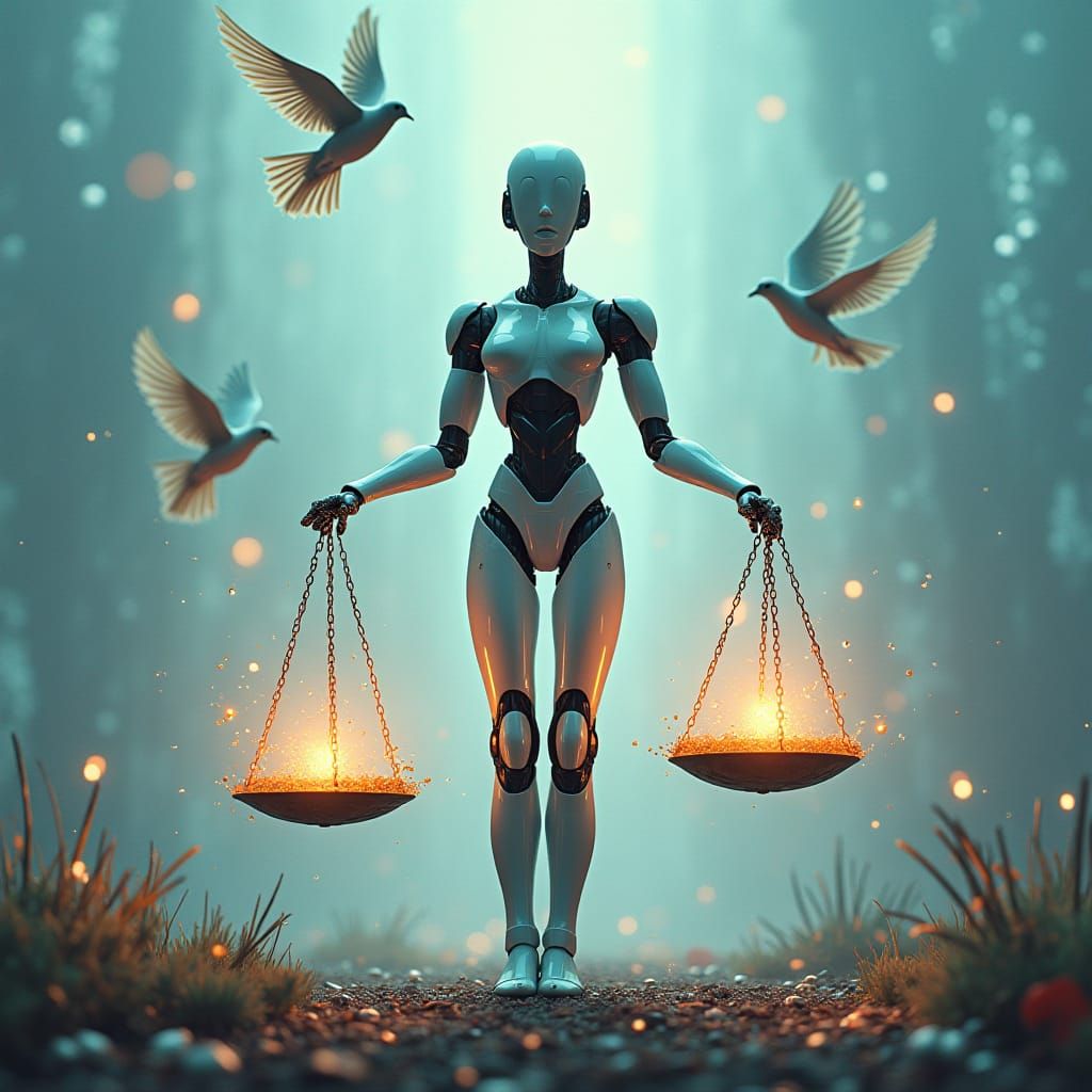 Robot Balances Peace and AI in Digital Landscape