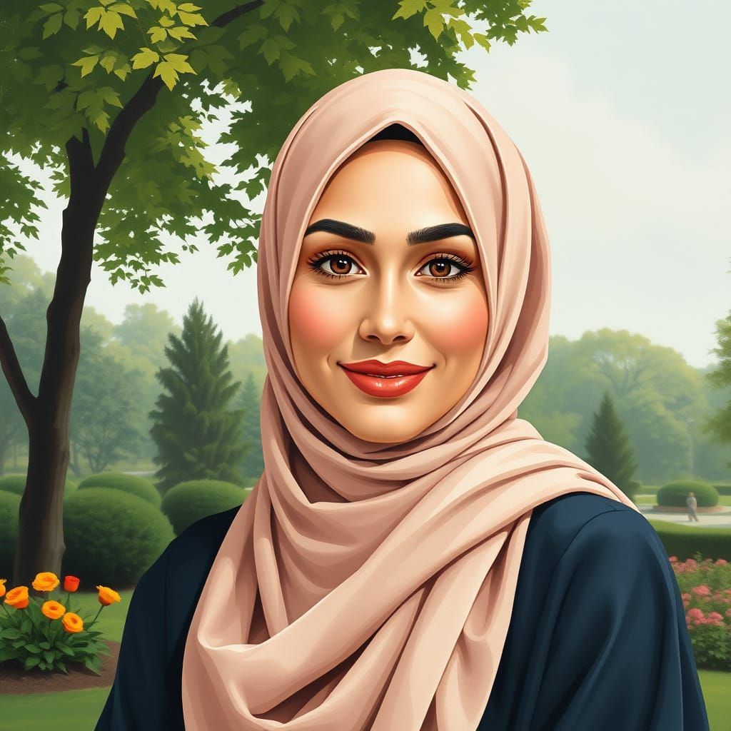 Minimalist Oil Painting of Woman in Hijab in Garden