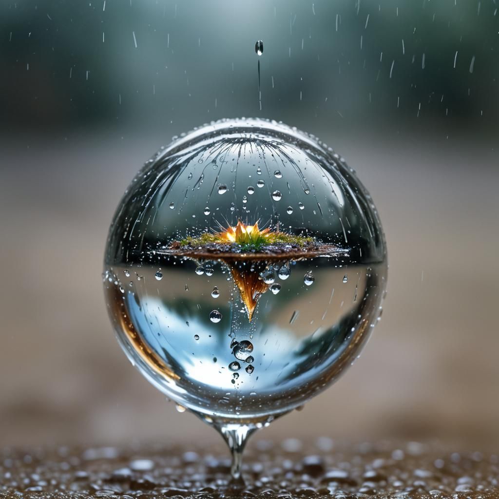Surreal Crystal Ball World in a Raindrop