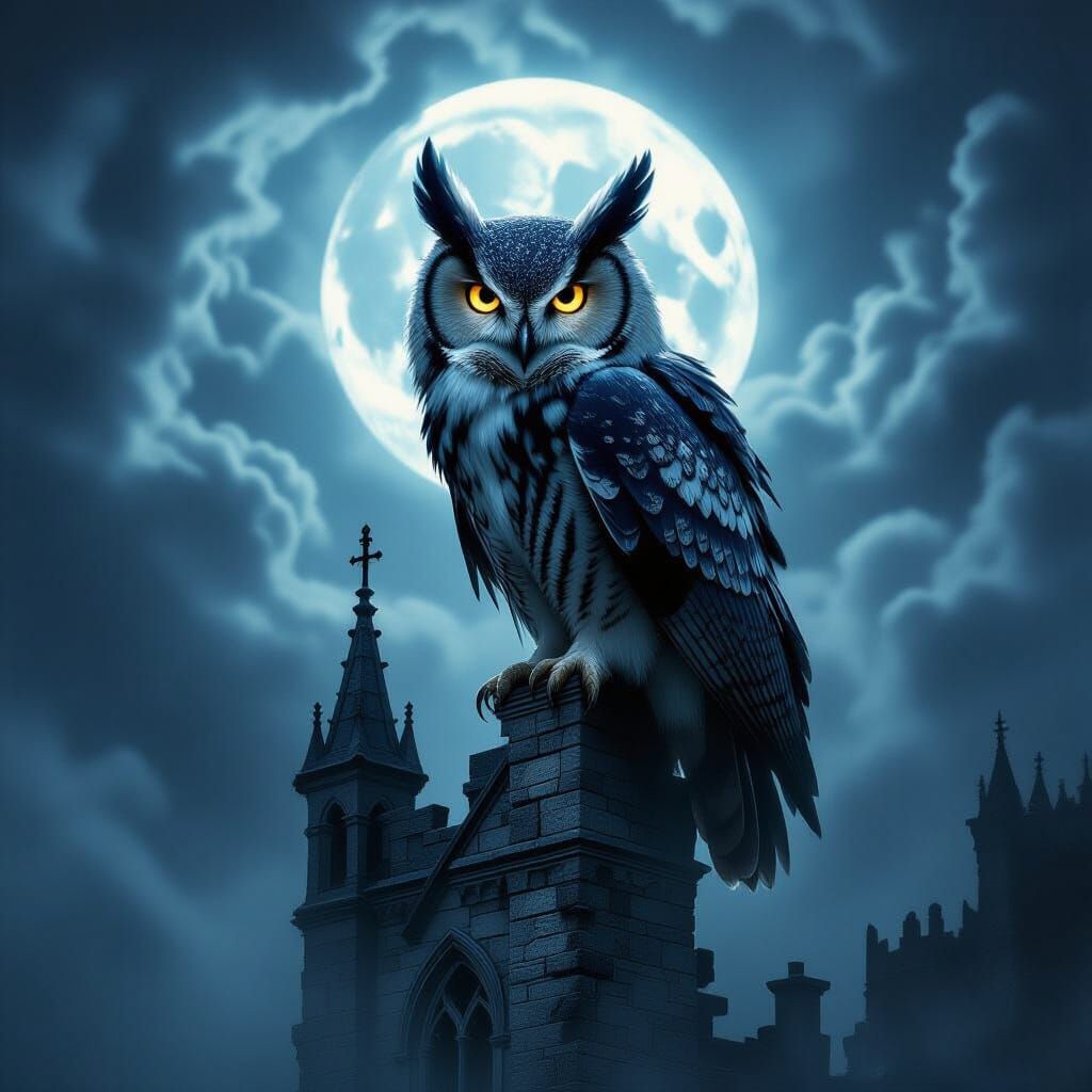 Gothic Owl Perched on Castle Spire in Dark Romanticism