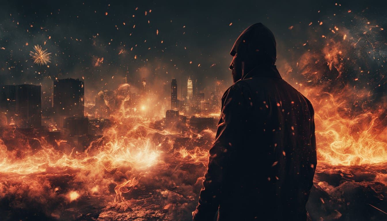 Gritty Assassin on Rooftop, Neon Cityscape in Background