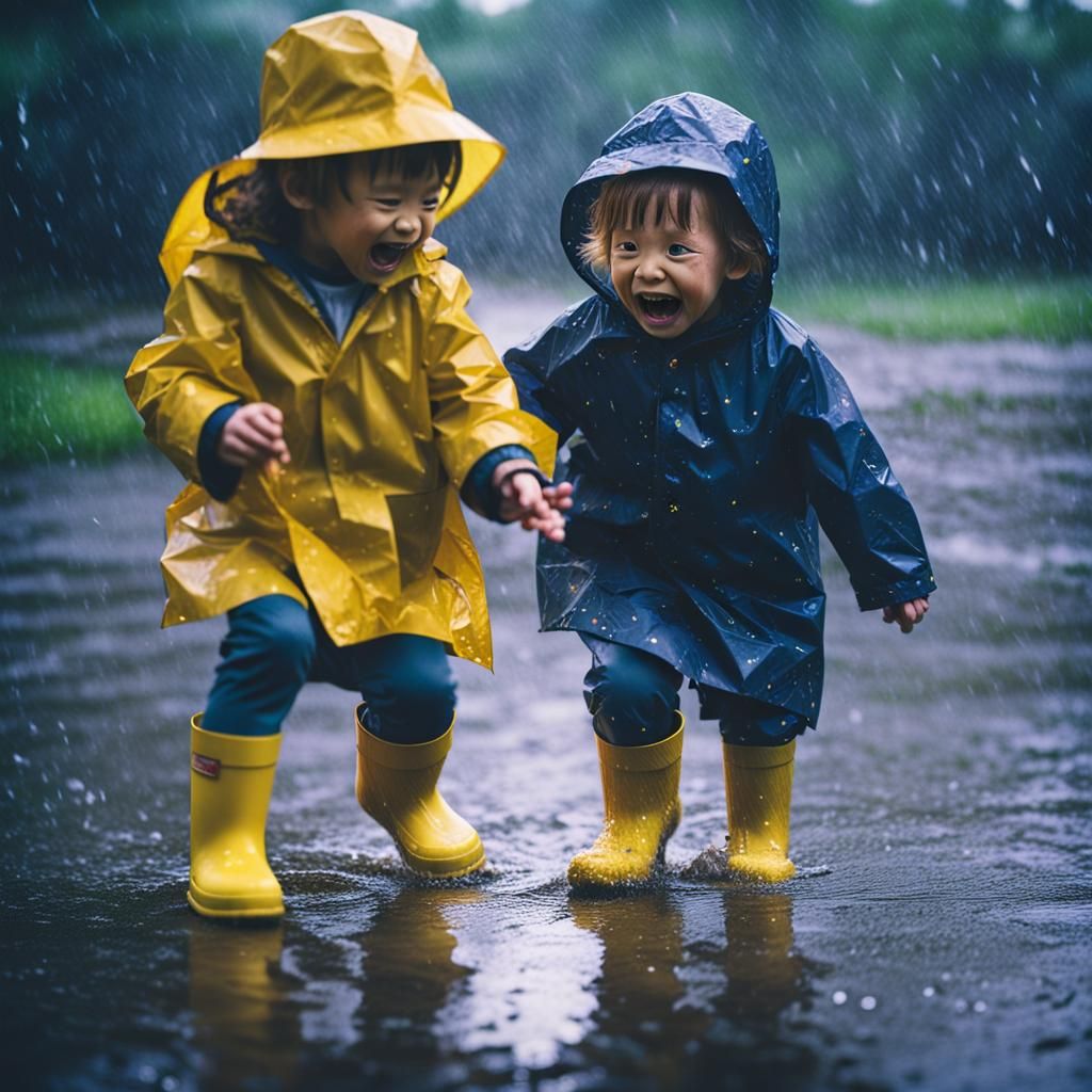 Toddlers Play in Rainy Lightning Storm: Cinematic Still