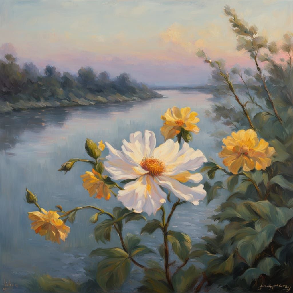 Single Flower by River in Golden Hour Light
