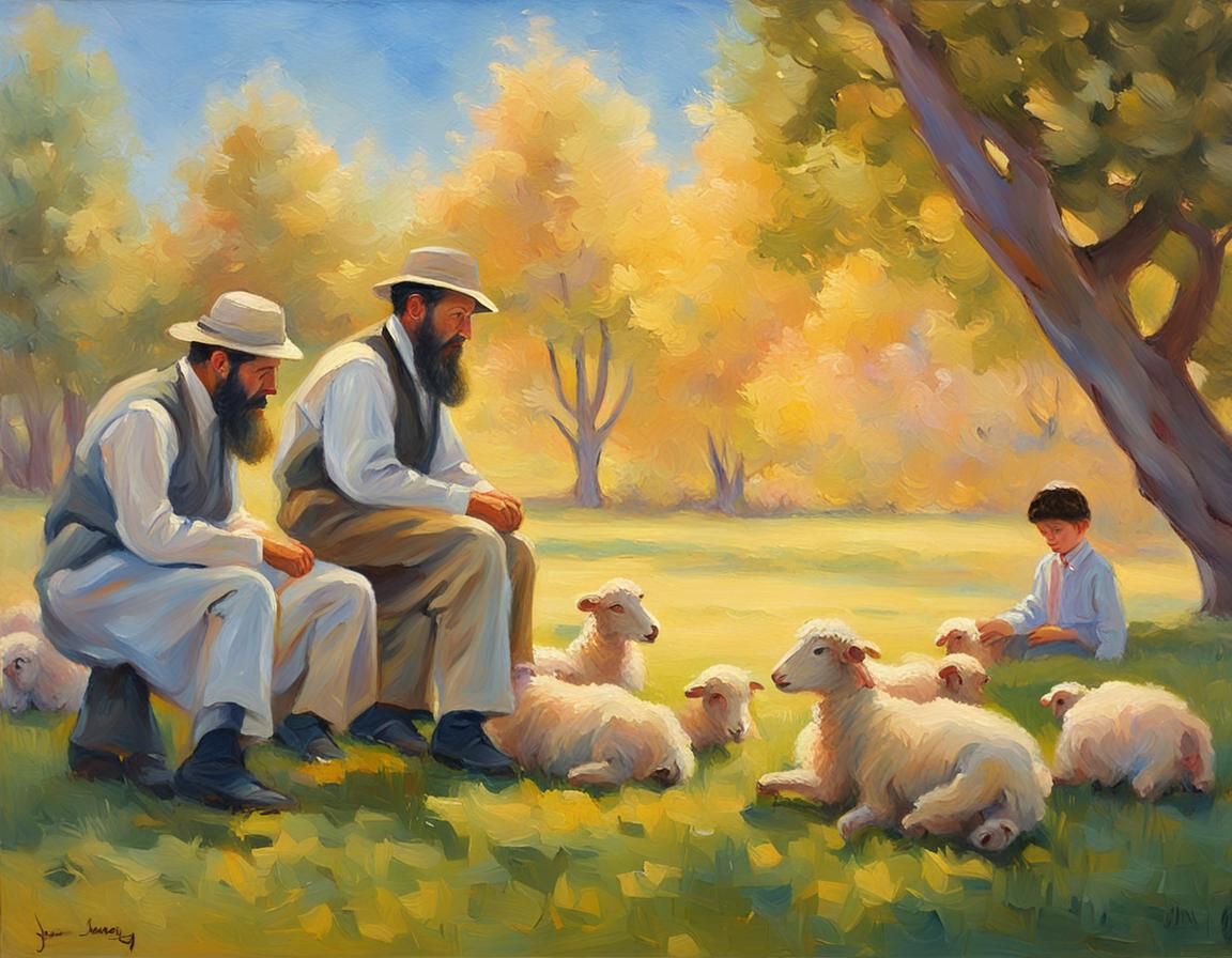 Hasidic Children Study in a Serene Impressionist Scene