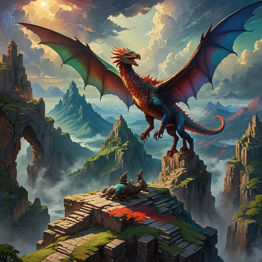 Blood Dragon Perched Atop Mystical Mountain