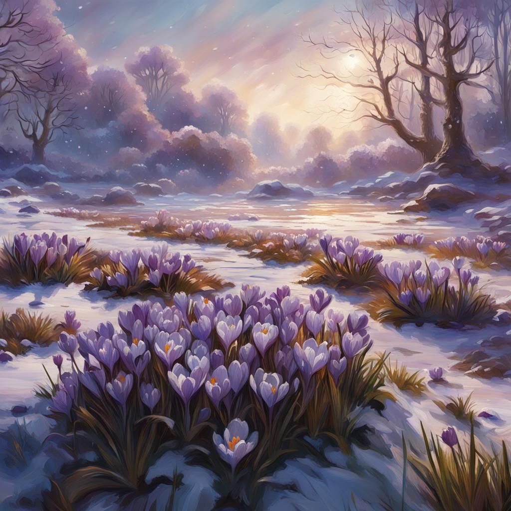 Crocuses Thawing Snow in Impressionist Style