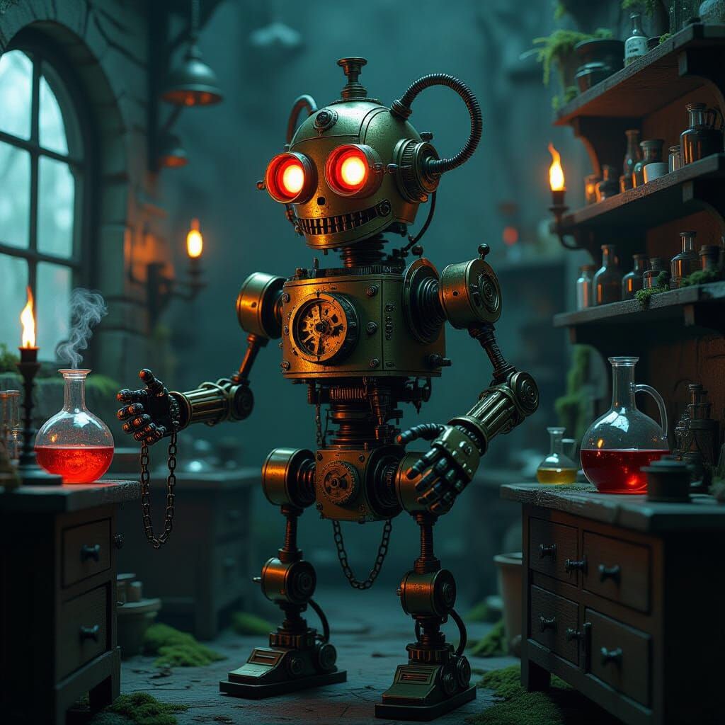 Steampunk Automaton in Dark Laboratory, CGI Art