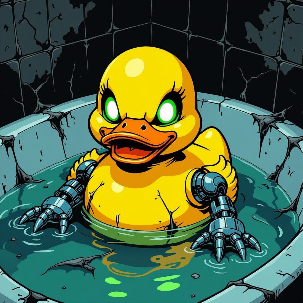 Menacing Rubber Ducky with Claws and Glowing Eyes
