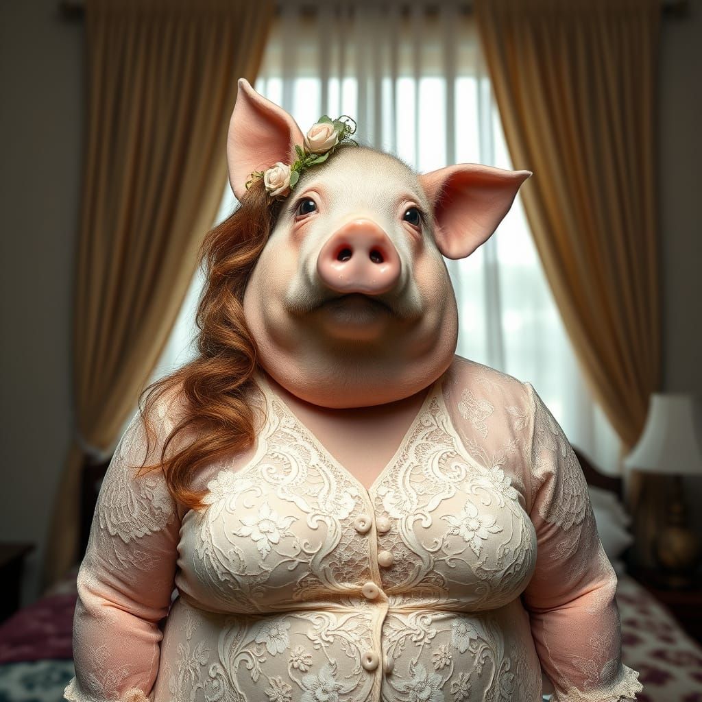 Photorealistic Pig-Headed Woman in Lace Suit