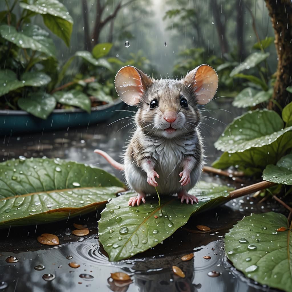 Mouse Sailing on Leaf Boat in Rainy Forest