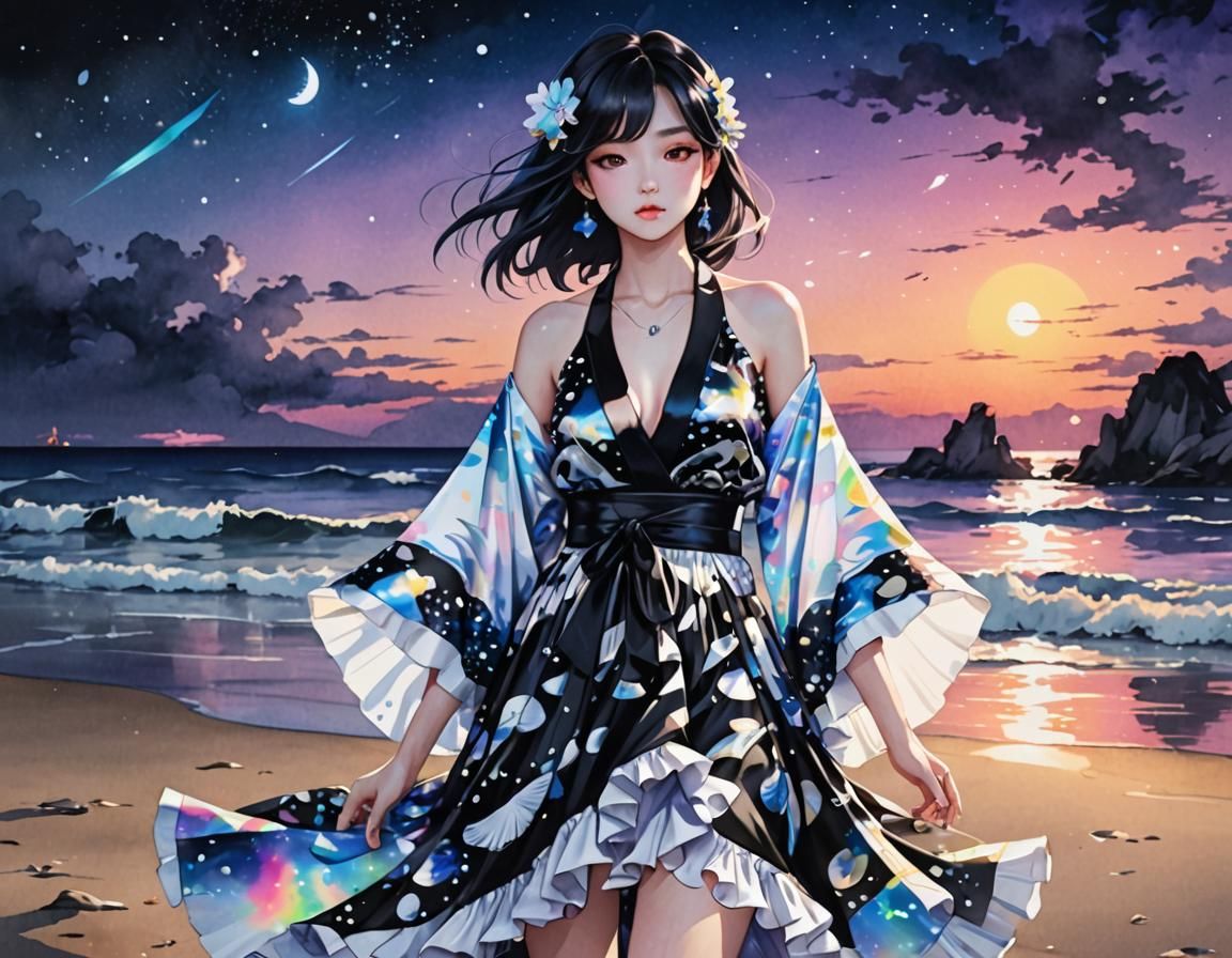 Beach Scene with Holographic Kimono in Watercolor Style