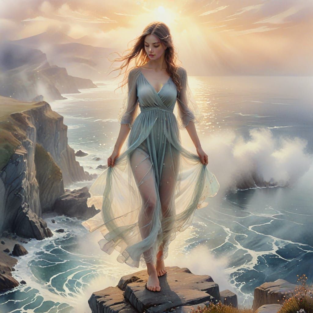 Woman Overlooking Foggy Ocean in Ethereal Watercolor Style