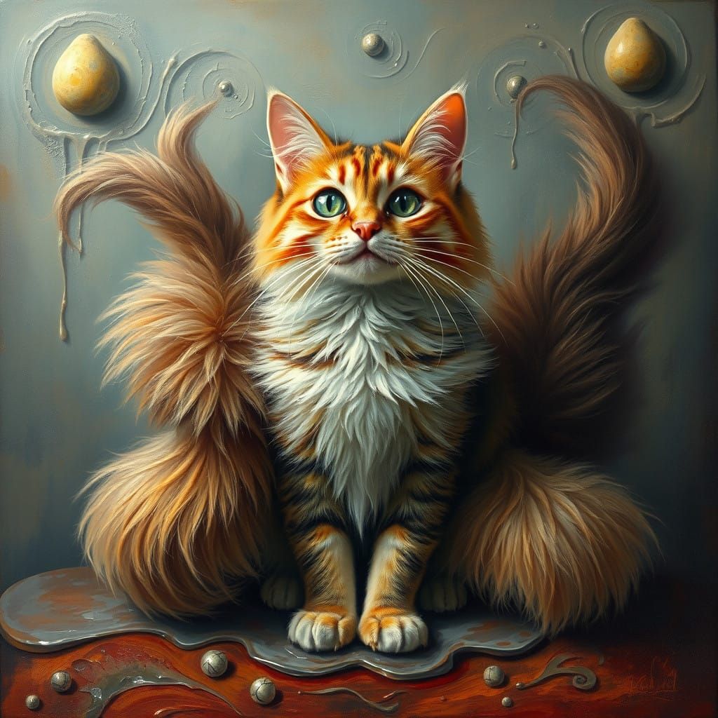 Whimsical Cat with Extravagant Tails in Dreamlike Surrealist...